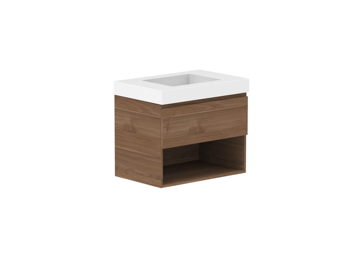 Reece Posh Domaine Plus All Drawer With Shelf 750mm Wall Hung Vanity Centre Basin 90mm Cherry Pie Top