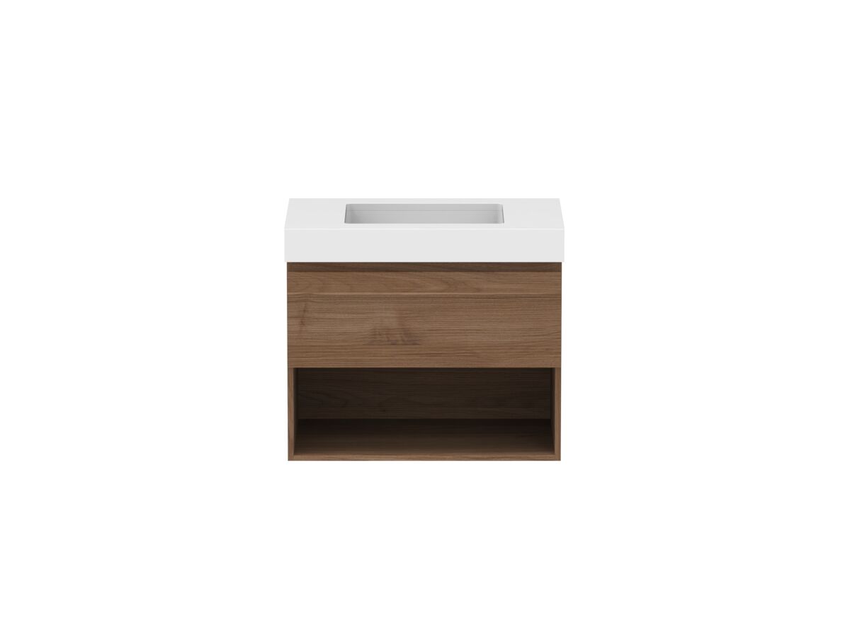 reece Posh Domaine Plus All Drawer with Shelf 750mm Wall Hung Vanity Centre Basin 90mm Cherry Pie Top