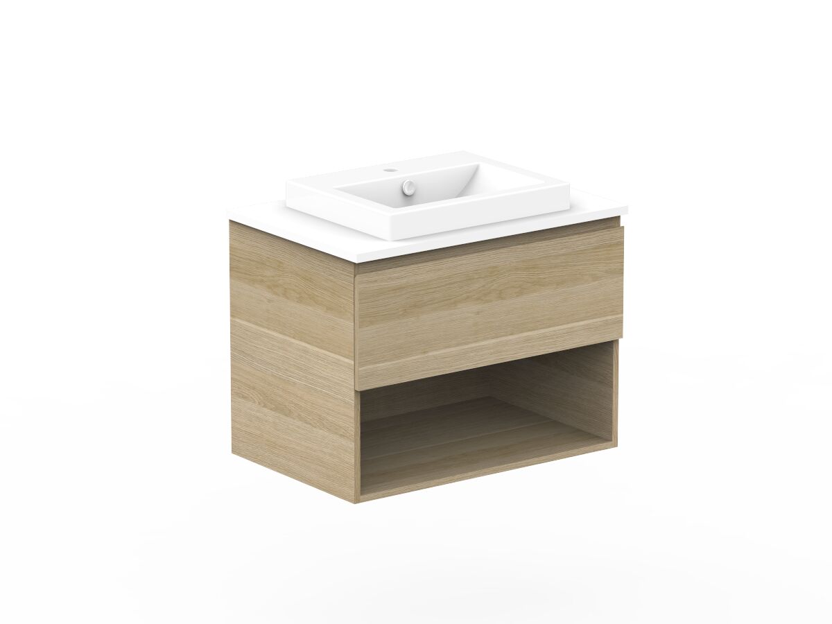 Reece Posh Domaine Plus All Drawer With Shelf 750mm Wall Hung Vanity Centre Basin 20mm Cherry Pie Top