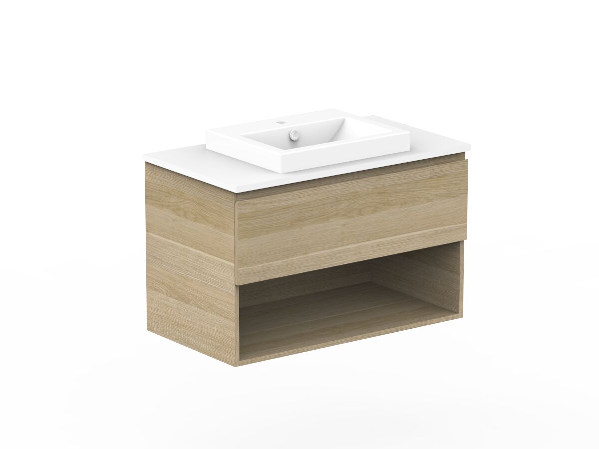 Reece Posh Domaine Plus All Drawer With Shelf 900mm Wall Hung Vanity Centre Basin 20mm Cherry Pie Top