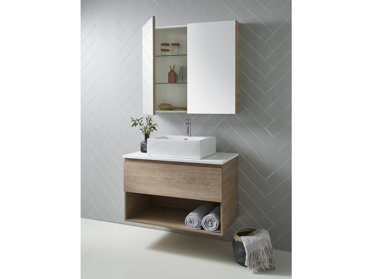 Reece Posh Domaine Plus All Drawer With Shelf 900mm Wall Hung Vanity Centre Basin 20mm Cherry Pie Top