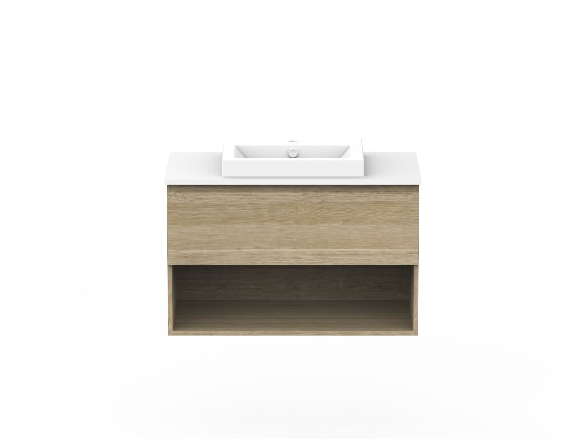 reece Posh Domaine Plus All Drawer with Shelf 900mm Wall Hung Vanity Centre Basin 20mm Cherry Pie Top