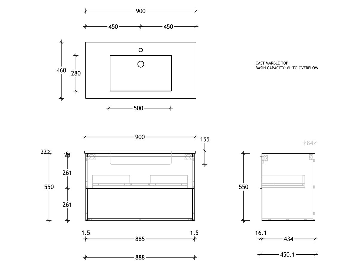 Reece Posh Domaine Plus All Drawer With Shelf 900mm Wall Hung Vanity Centre Basin Cast Marble Top