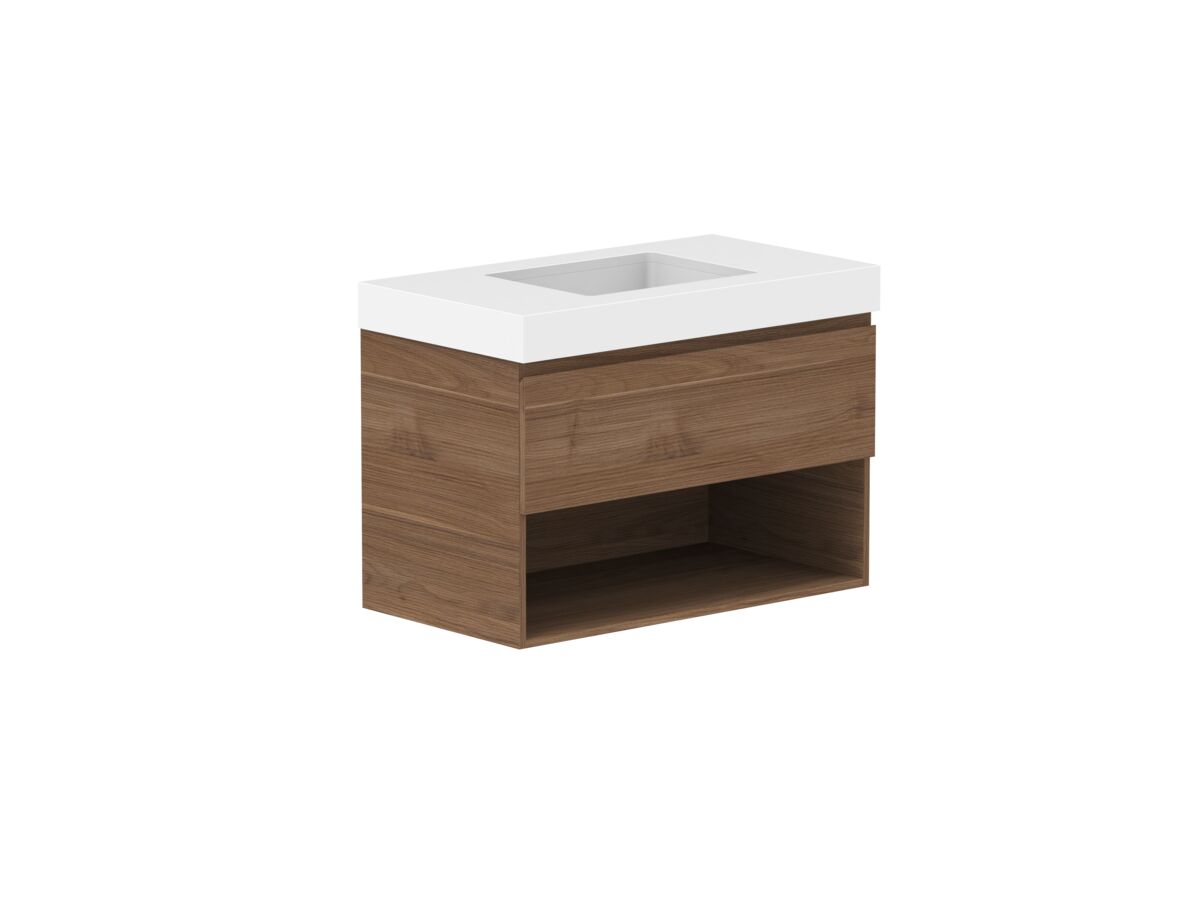 Reece Posh Domaine Plus All Drawer With Shelf 900mm Wall Hung Vanity Centre Basin 90mm Caesarstone Mineral Top