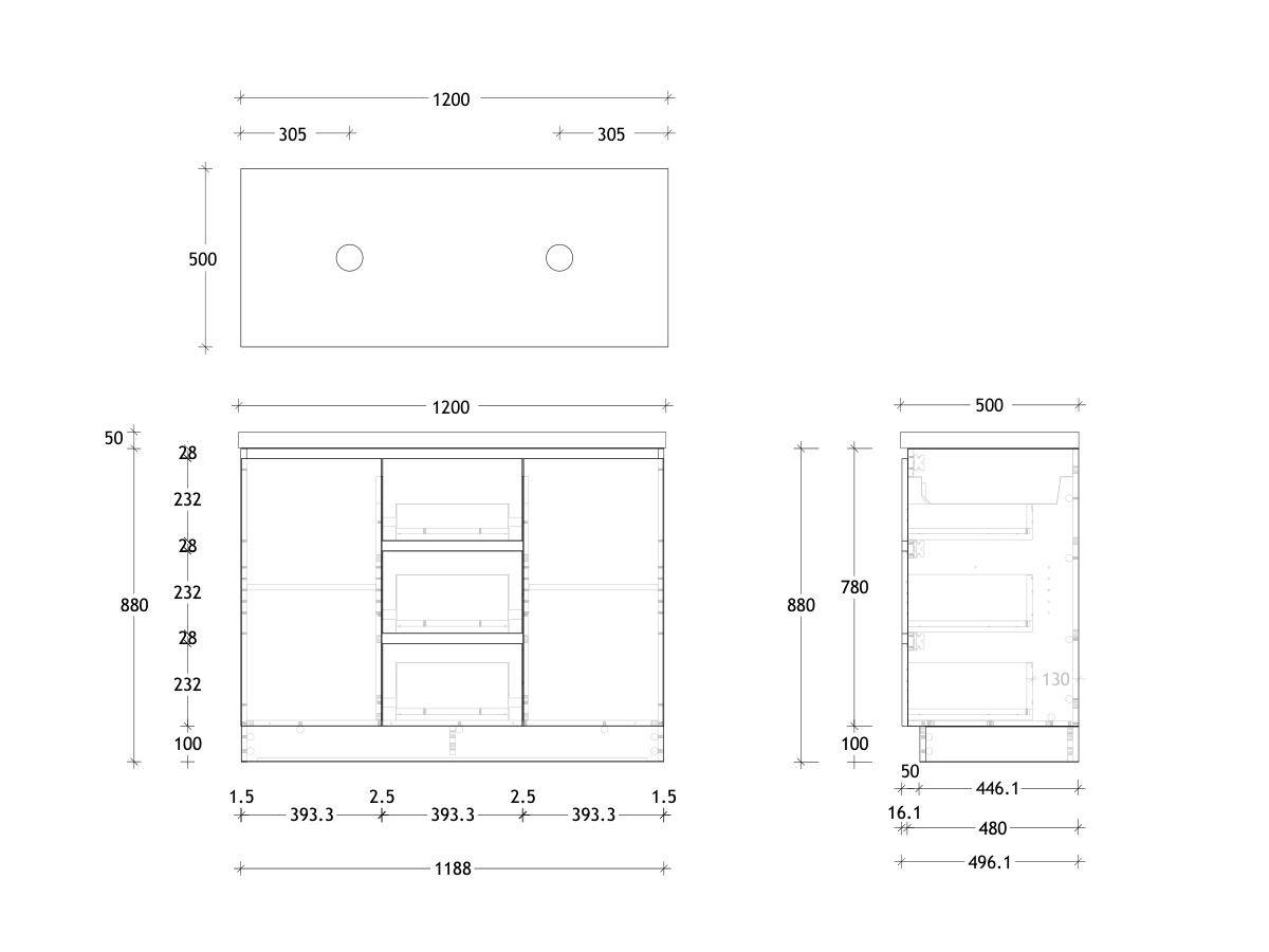 Reece Posh Domaine Plus Conventional 1200mm Floor Mounted Vanity Double Basin 50mm Durasein Top