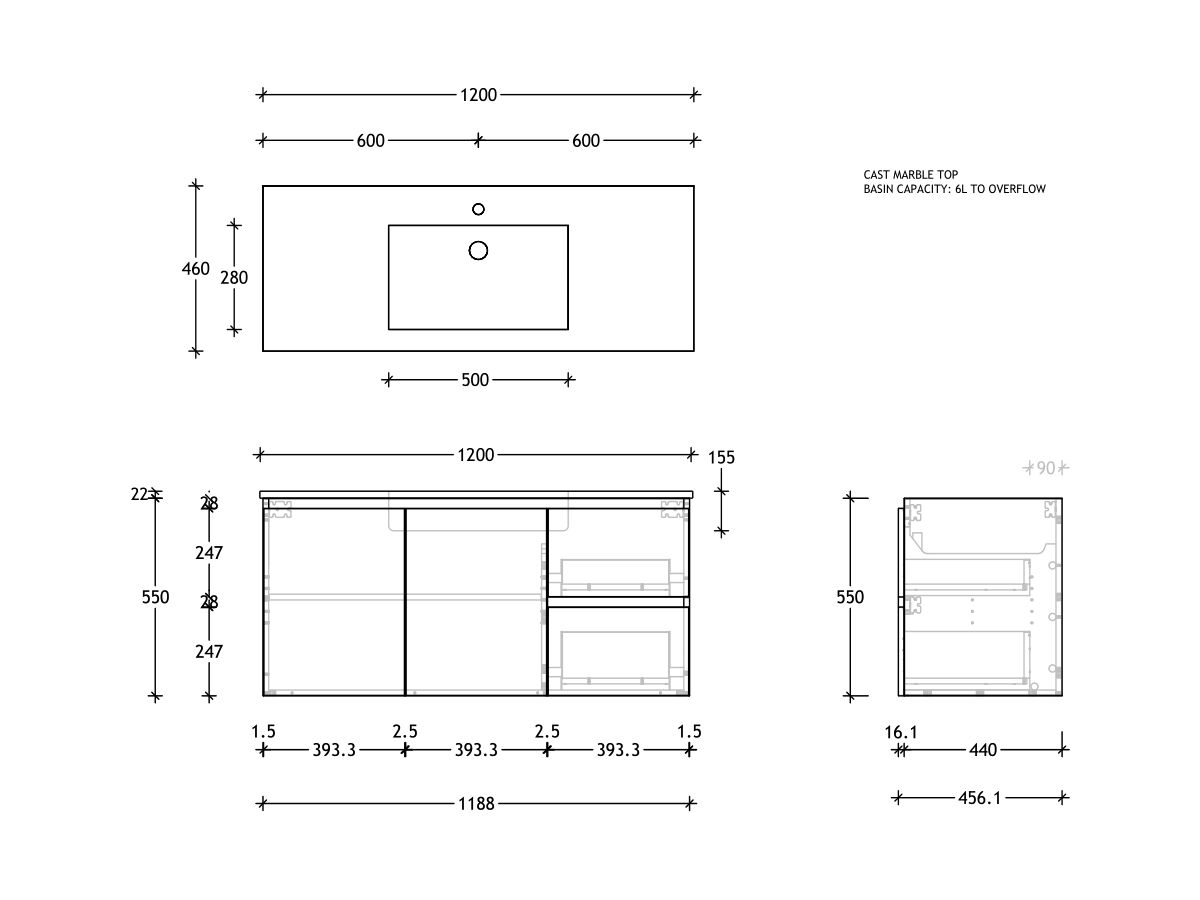 Reece Posh Domaine Plus Conventional 1200mm Wall Hung Vanity Centre Basin Cast Marble Top