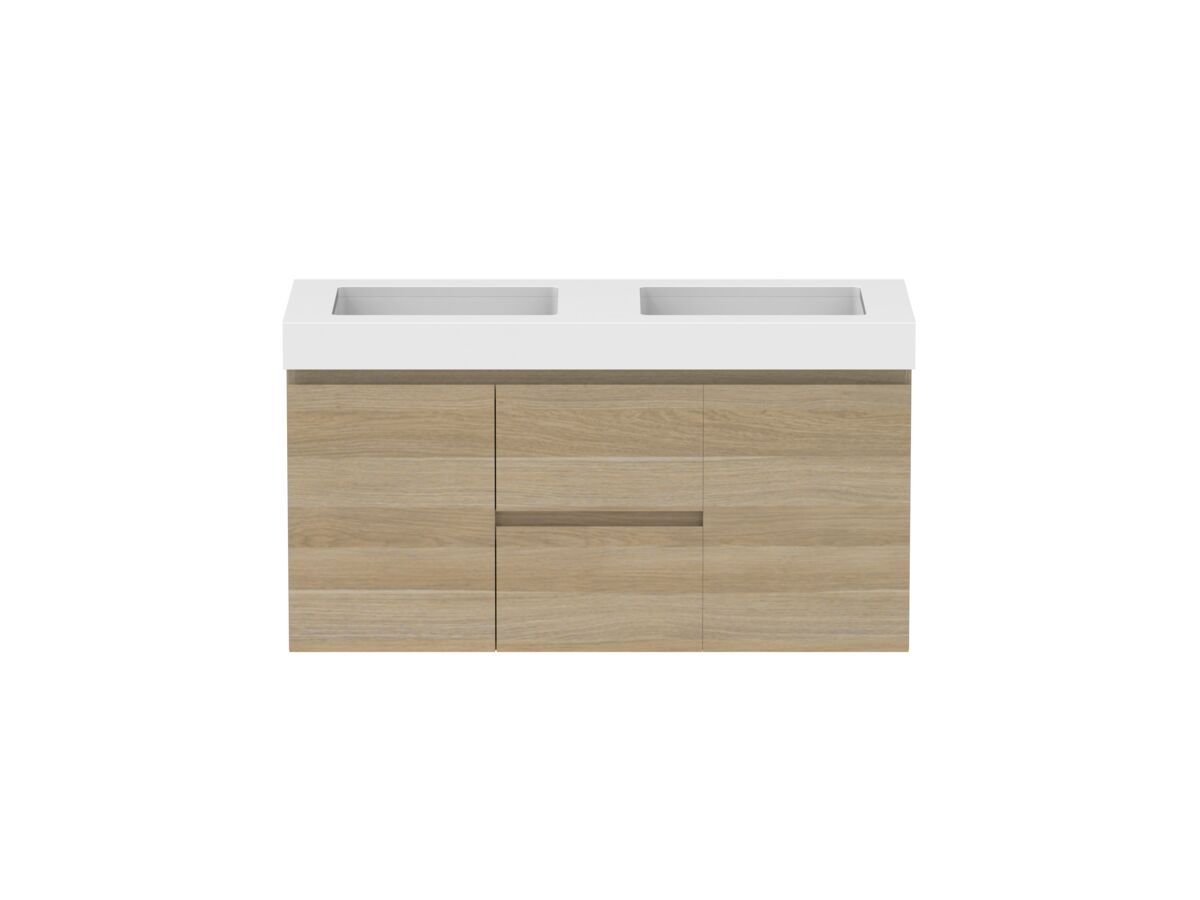 reece Posh Domaine Plus Conventional 1200mm Wall Hung Vanity Double Basin 90mm Caesarstone Mineral Top