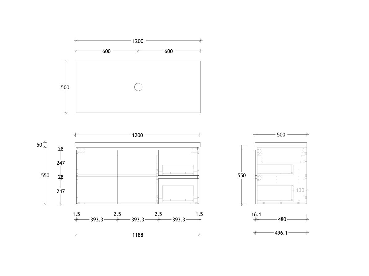 Reece Posh Domaine Plus Conventional 1200mm Wall Hung Vanity Centre Basin 50mm Caesarstone Mineral Top