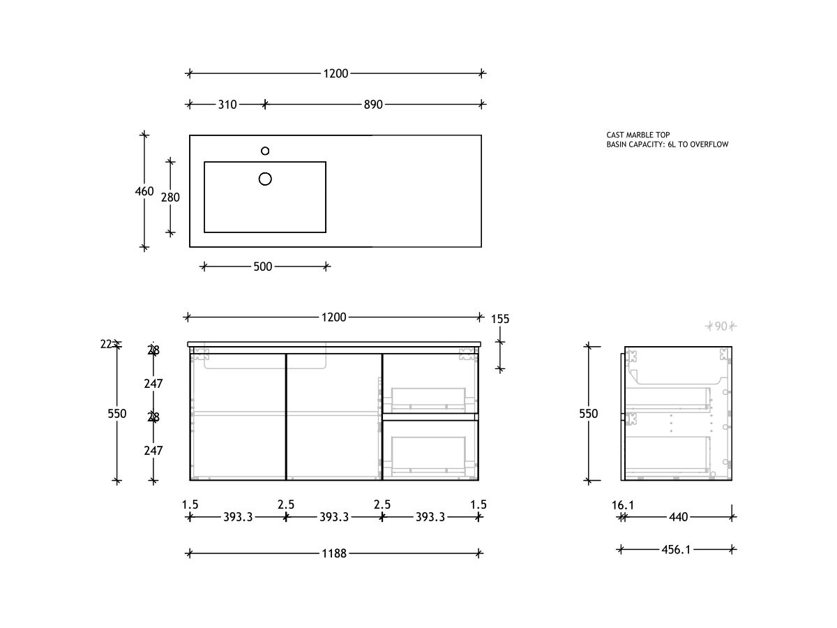 Reece Posh Domaine Plus Conventional 1200mm Wall Hung Vanity Left Hand Basin Cast Marble Top
