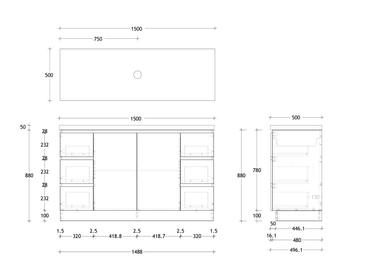 Reece Posh Domaine Plus Conventional 1500mm Floor Mounted Vanity Centre Basin 50mm Durasein Top