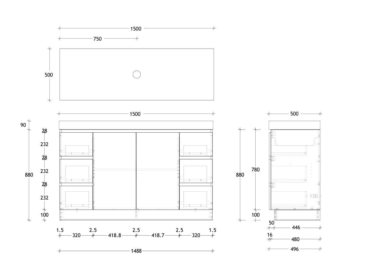 Reece Posh Domaine Plus Conventional 1500mm Floor Mounted Vanity Centre Basin 90mm Cherry Pie Top