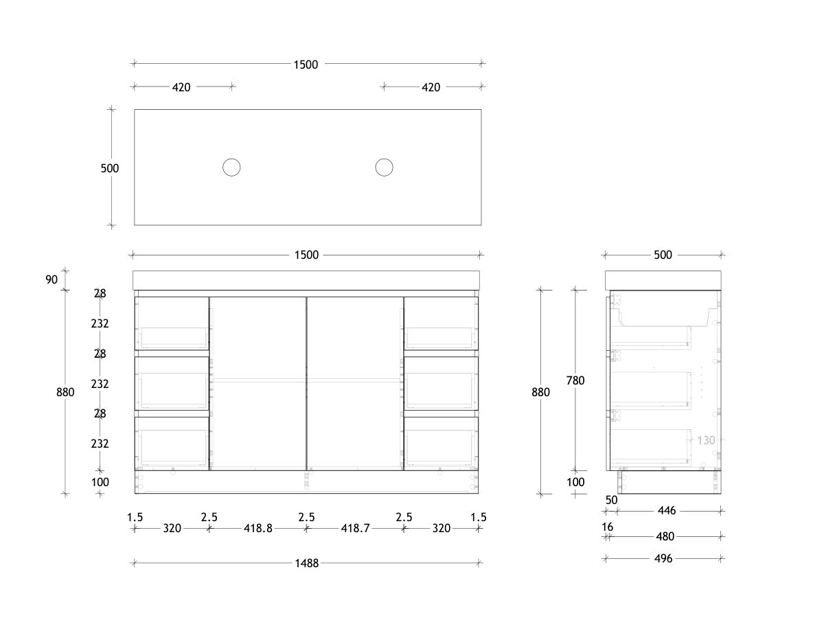 Reece Posh Domaine Plus Conventional 1500mm Floor Mounted Vanity Double Basin 90mm Caesarstone Mineral Top
