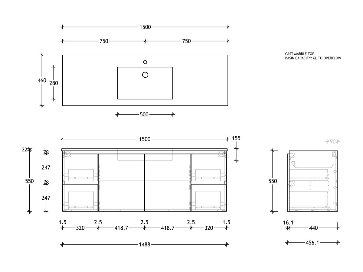 Reece Posh Domaine Plus Conventional 1500mm Wall Hung Vanity Centre Basin Cast Marble Top
