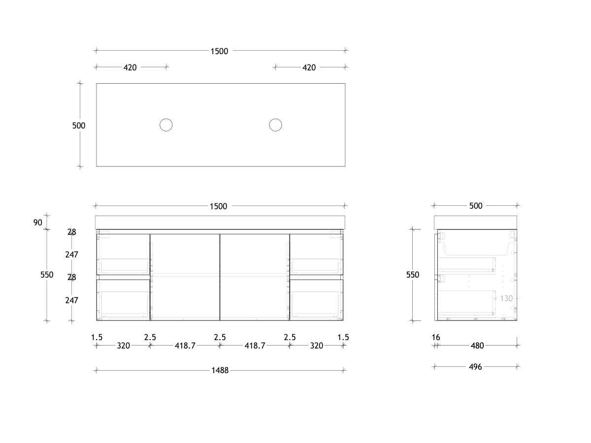 Reece Posh Domaine Plus Conventional 1500mm Wall Hung Vanity Double Basin 90mm Durasein Top