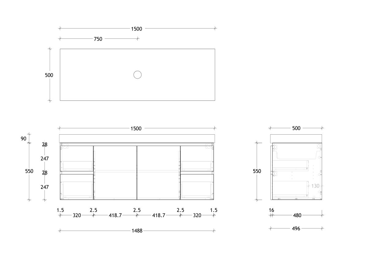 Reece Posh Domaine Plus Conventional 1500mm Wall Hung Vanity Centre Basin 90mm Durasein Top