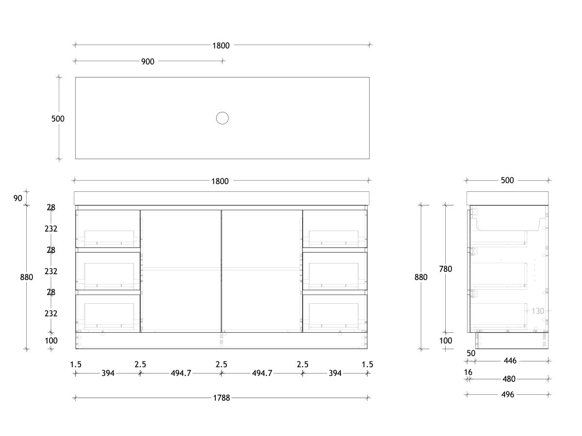 Reece Posh Domaine Plus Conventional 1800mm Floor Mounted Vanity Centre Basin 90mm Durasein Top