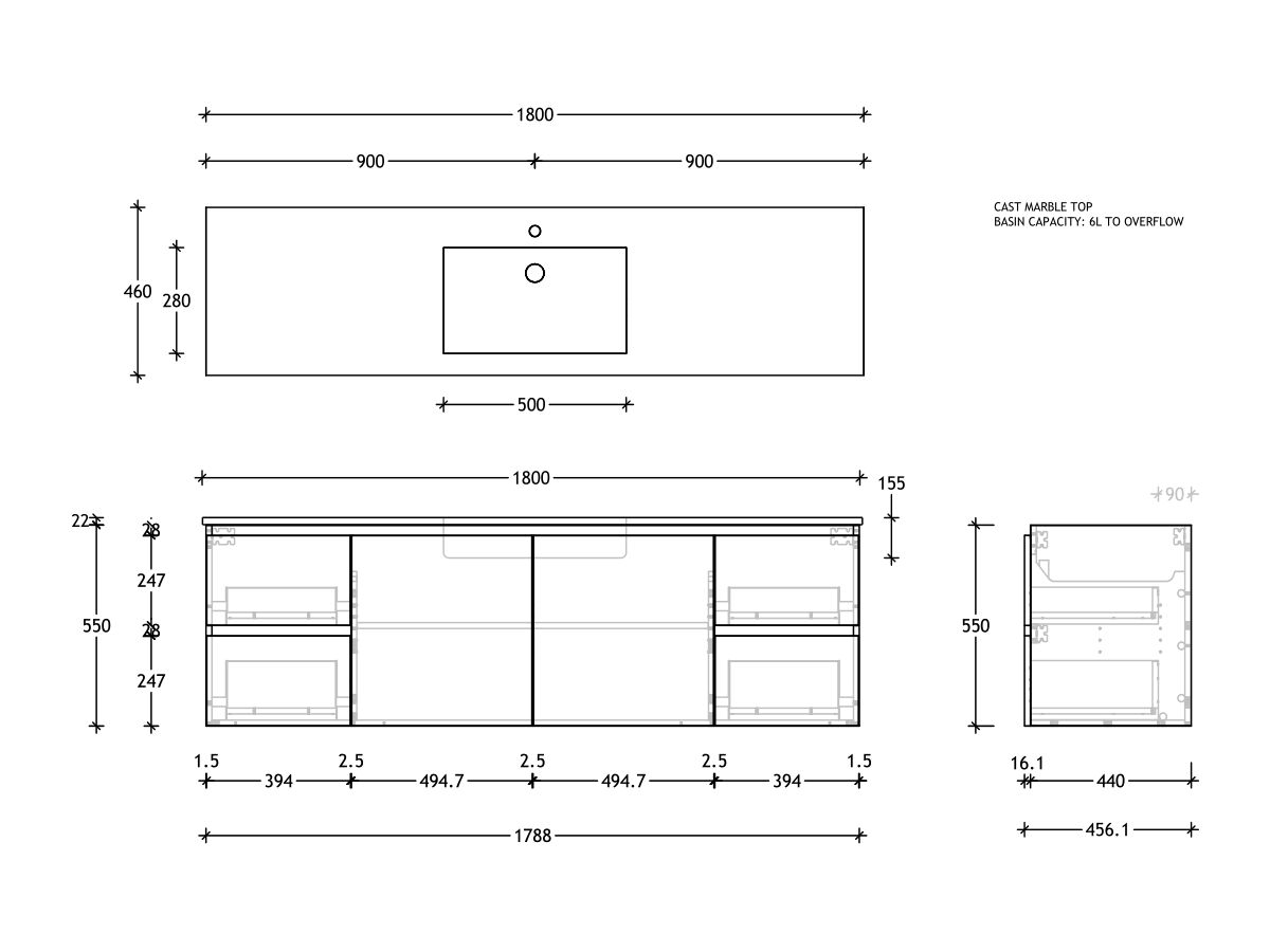 Reece Posh Domaine Plus Conventional 1800mm Wall Hung Vanity Centre Basin Cast Marble Top