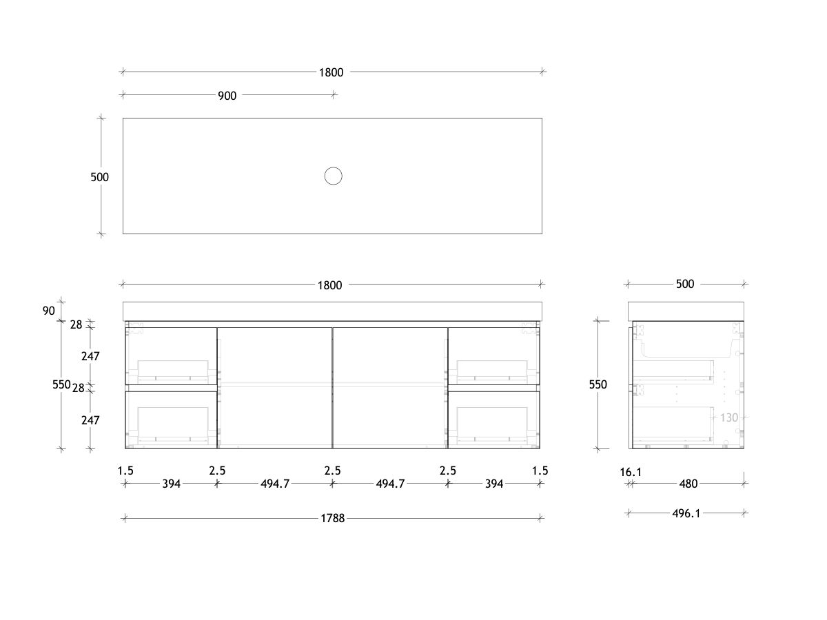 Reece Posh Domaine Plus Conventional 1800mm Wall Hung Vanity Centre Basin 90mm Caesarstone Mineral Top