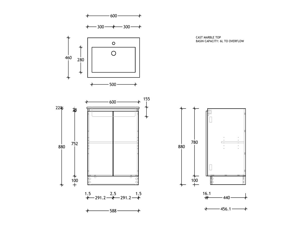 Reece Posh Domaine Plus Conventional 600mm Floor Mounted Vanity Centre Basin Cast Marble Top