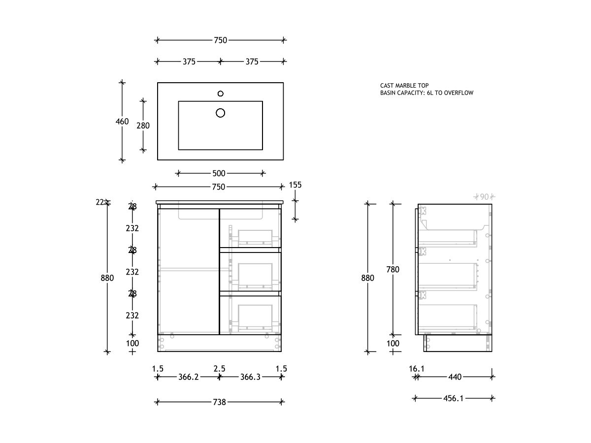 Reece Posh Domaine Plus Conventional 750mm Floor Mounted Vanity Centre Basin Cast Marble Top