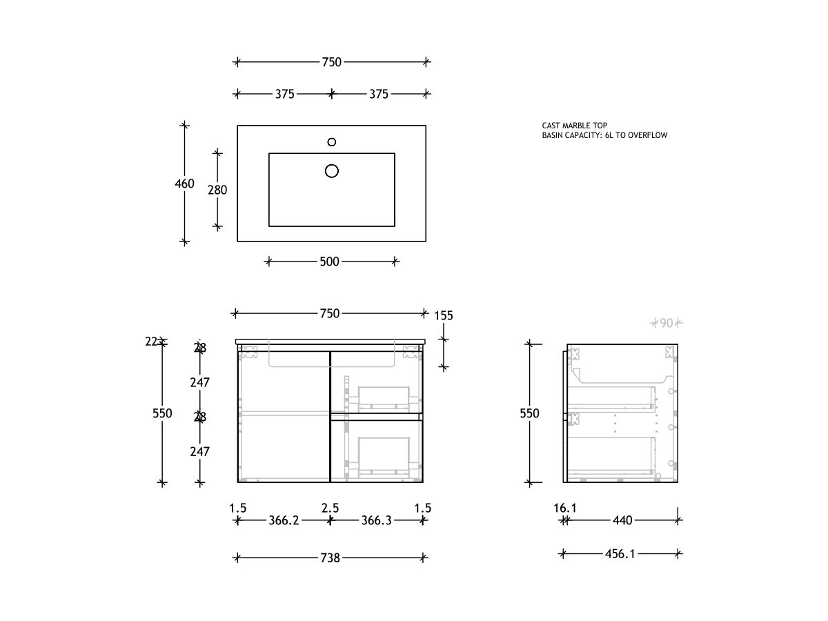 Reece Posh Domaine Plus Conventional 750mm Wall Hung Vanity Centre Basin Cast Marble Top