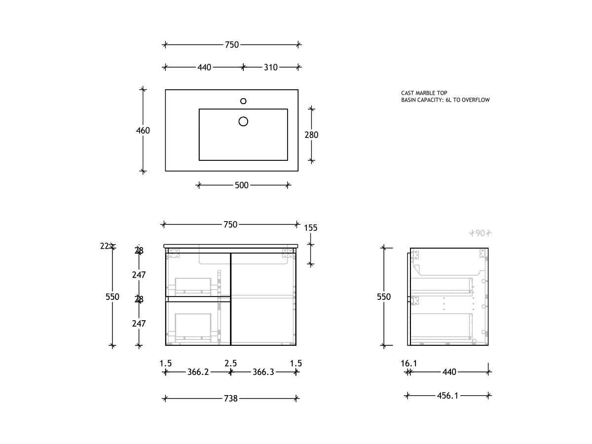 Reece Posh Domaine Plus Conventional 750mm Wall Hung Vanity Right Hand Basin Cast Marble Top