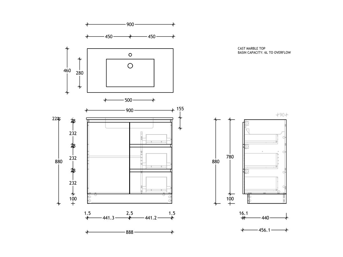 Reece Posh Domaine Plus Conventional 900mm Floor Mounted Vanity Centre Basin Cast Marble Top