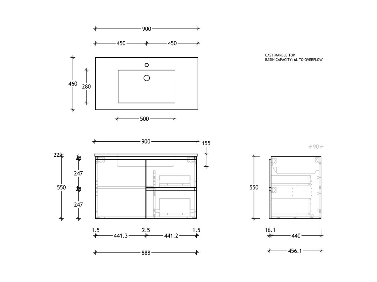 Reece Posh Domaine Plus Conventional 900mm Wall Hung Vanity Centre Basin Cast Marble Top