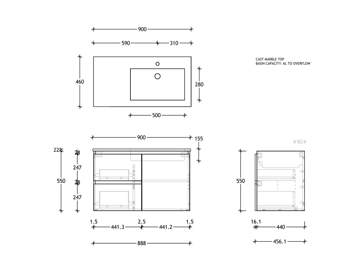 Reece Posh Domaine Plus Conventional 900mm Wall Hung Vanity Right Hand Basin Cast Marble Top