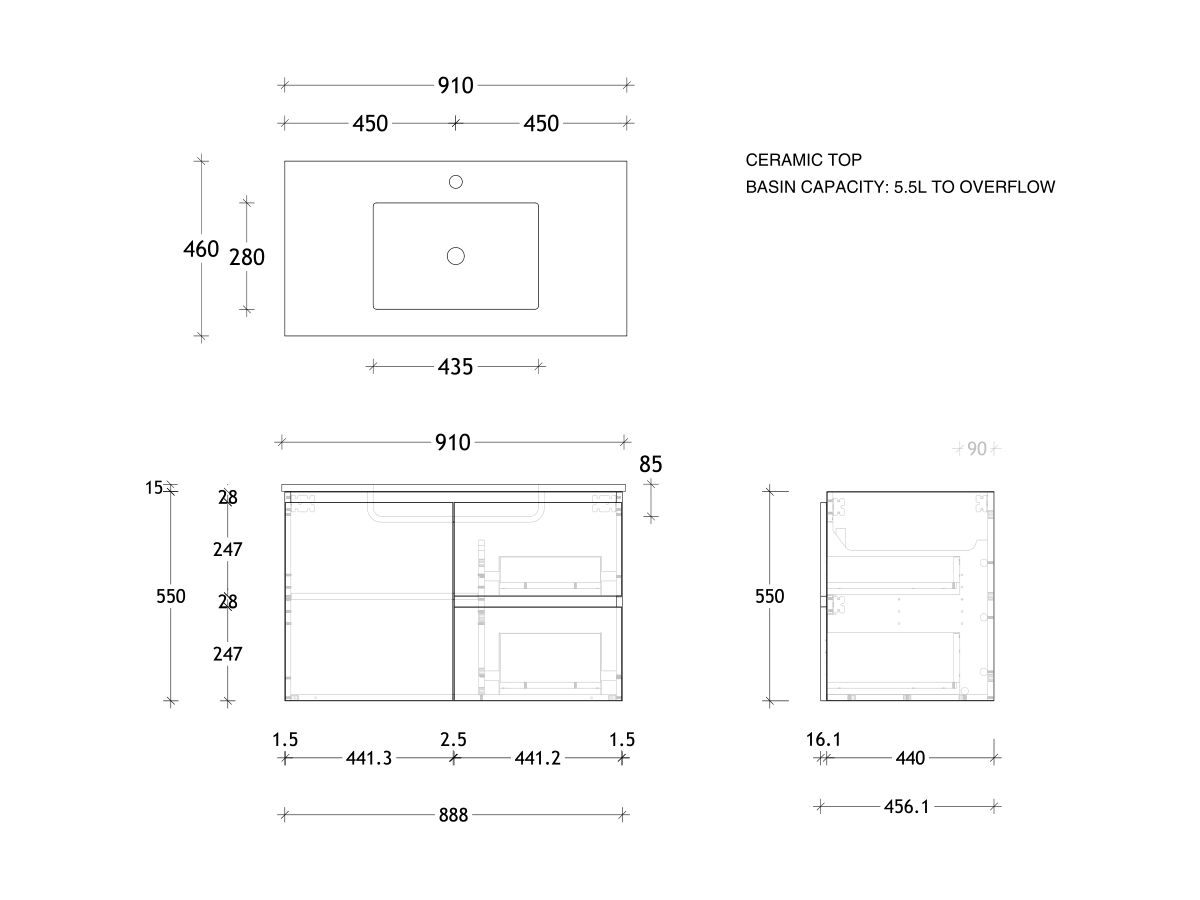 Reece Posh Domaine Plus Conventional 900mm Wall Hung Vanity Centre Basin Matte White Ceramic Top