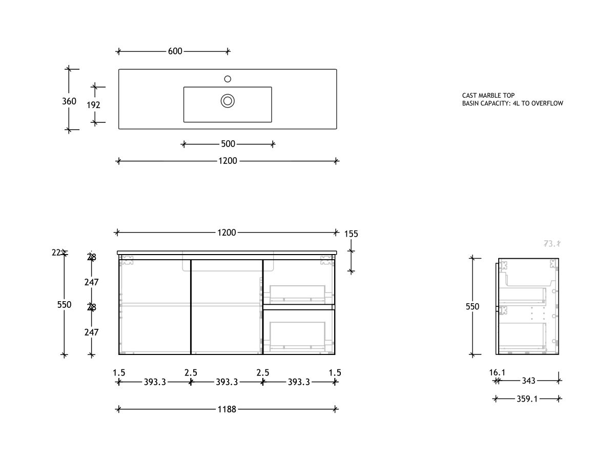 Reece Posh Domaine Plus Ensuite 1200mm Wall Hung Vanity Centre Basin Cast Marble Top