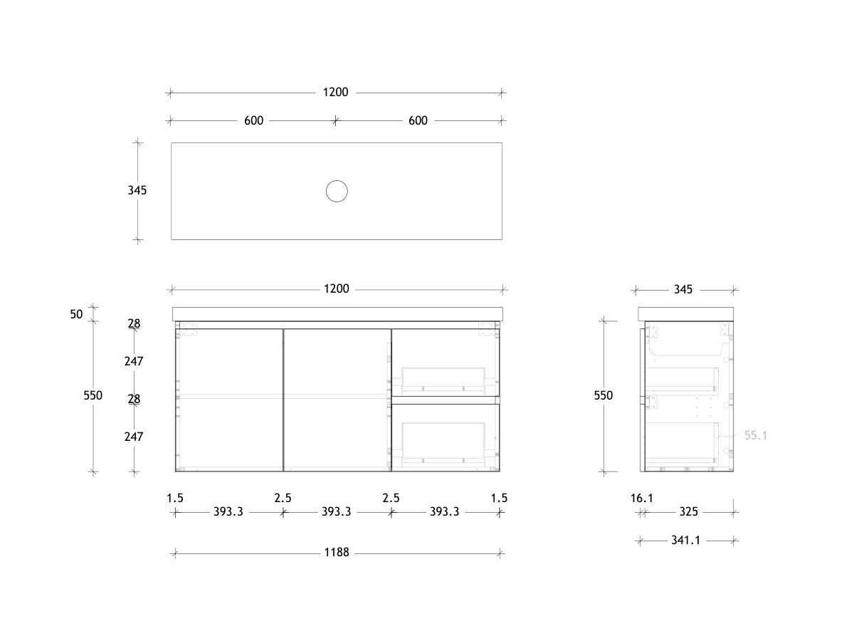 Reece Posh Domaine Plus Ensuite 1200mm Wall Hung Vanity Centre Basin 50mm Durasein Top