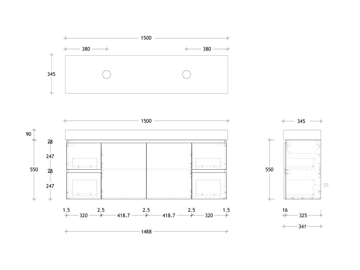 Reece Posh Domaine Plus Ensuite 1500mm Wall Hung Vanity Double Basin 90mm Caesarstone Mineral Top