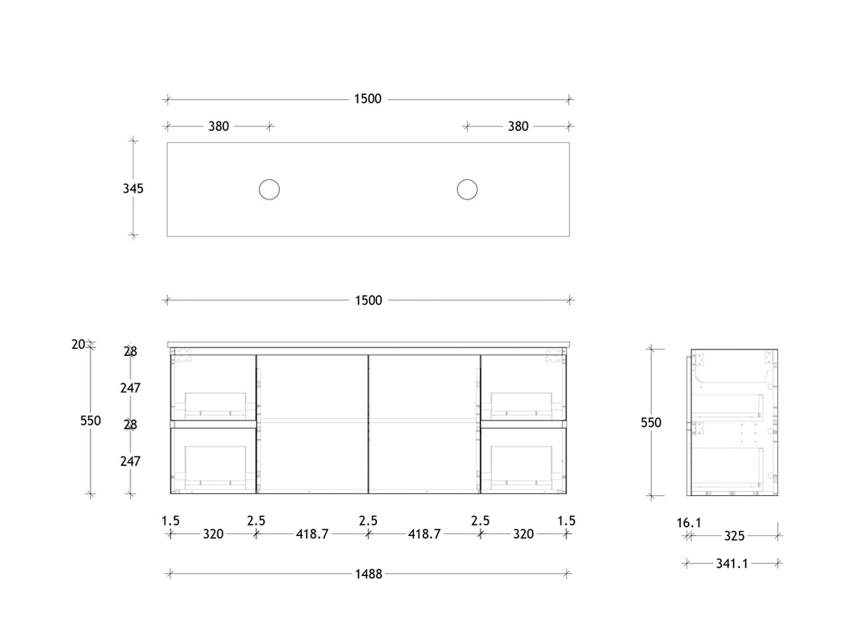 Reece Posh Domaine Plus Ensuite 1500mm Wall Hung Vanity Double Basin 20mm Cherry Pie Top