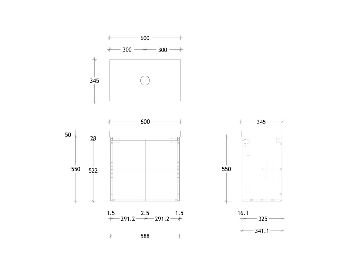 Reece Posh Domaine Plus Ensuite 600mm Wall Hung Vanity Centre Basin 50mm Durasein Top