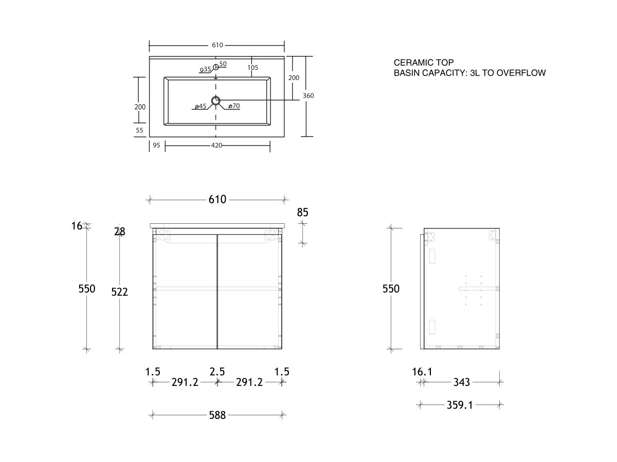 Reece Posh Domaine Plus Ensuite 600mm Wall Hung Vanity Centre Basin Ceramic Top