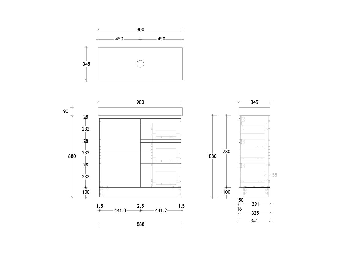 Reece Posh Domaine Plus Ensuite 900mm Floor Mounted Vanity Centre Basin 90mm Caesarstone Mineral Top