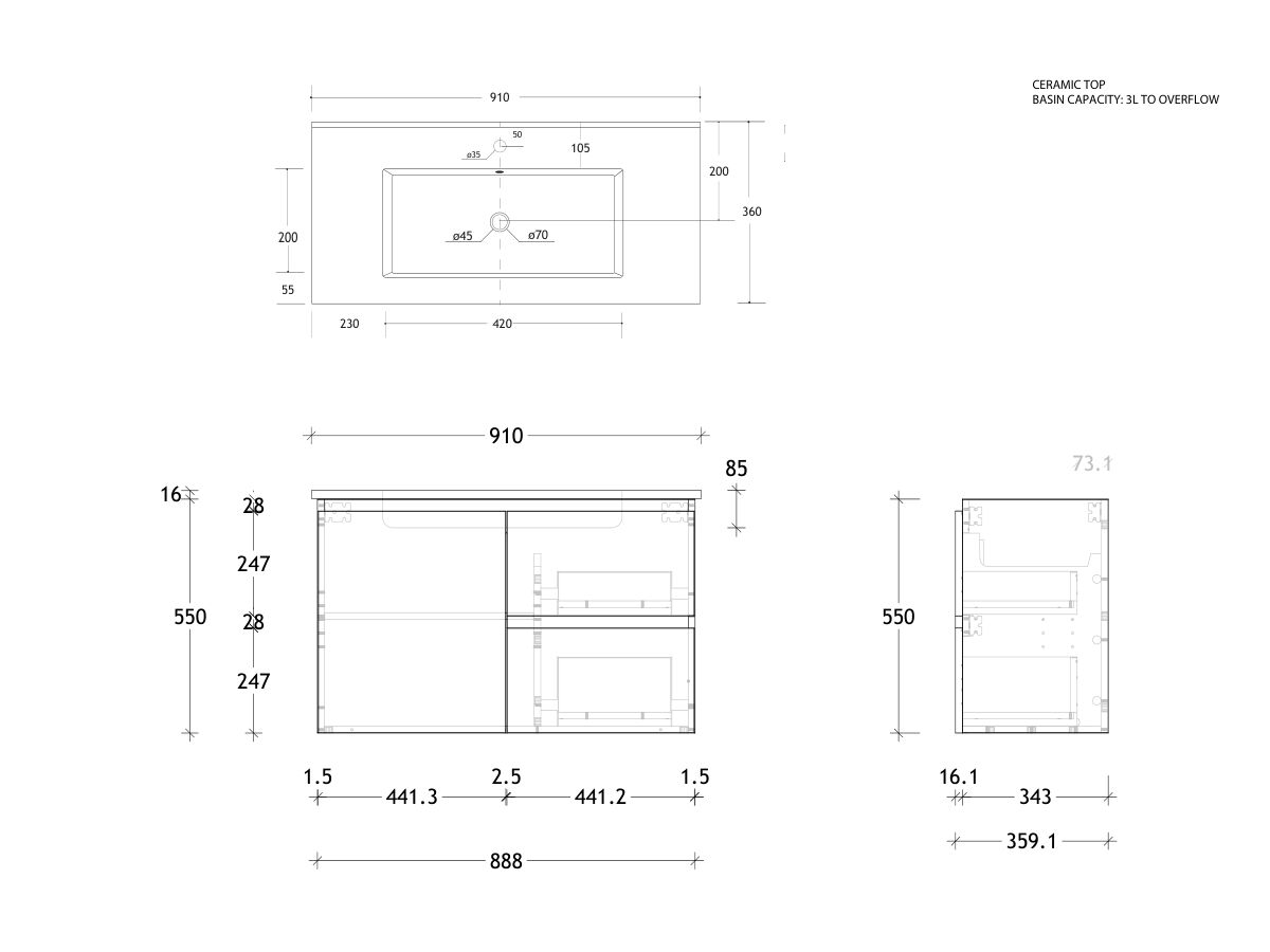 Reece Posh Domaine Plus Ensuite 900mm Wall Hung Vanity Centre Basin Ceramic Top