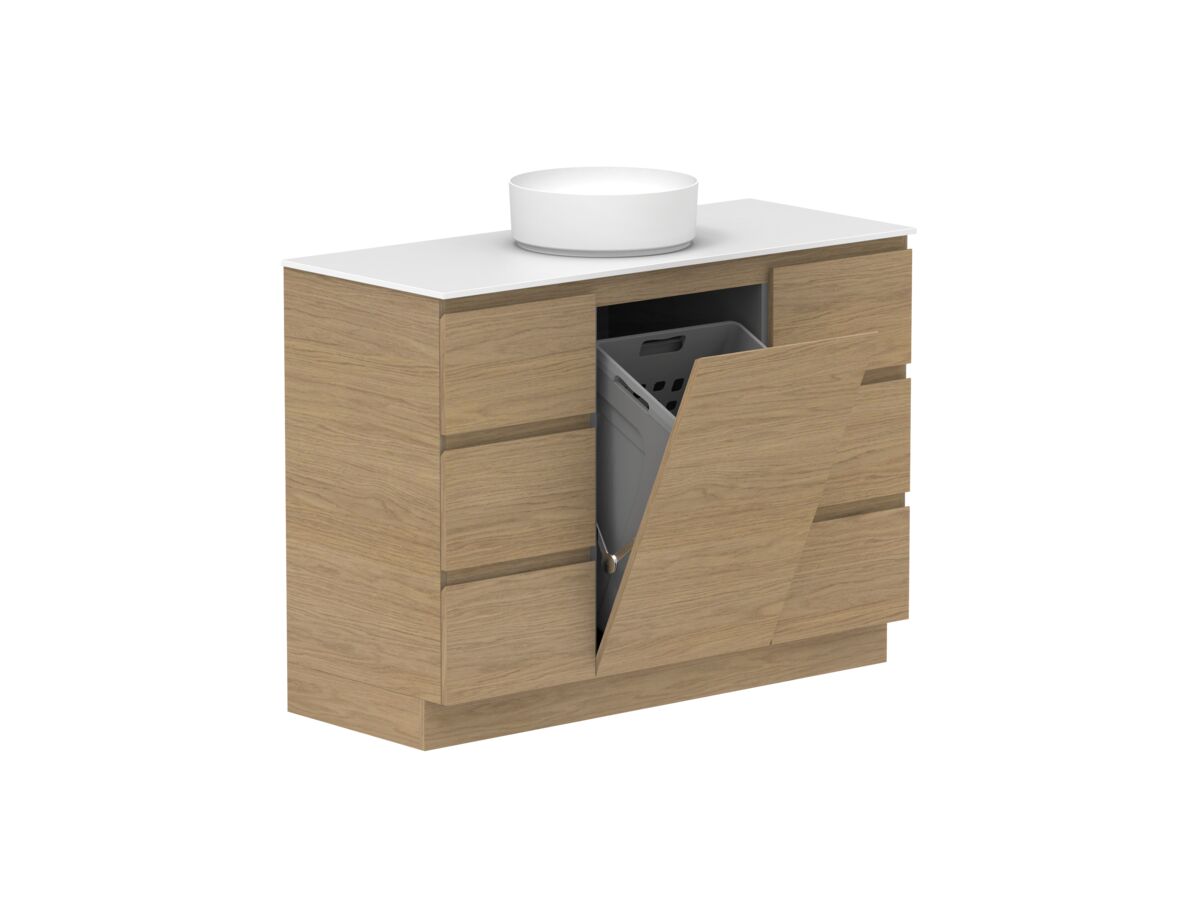reece Posh Domaine Plus Hamper 1200mm Floor Mounted Vanity Centre Basin 12mm Durasein Top