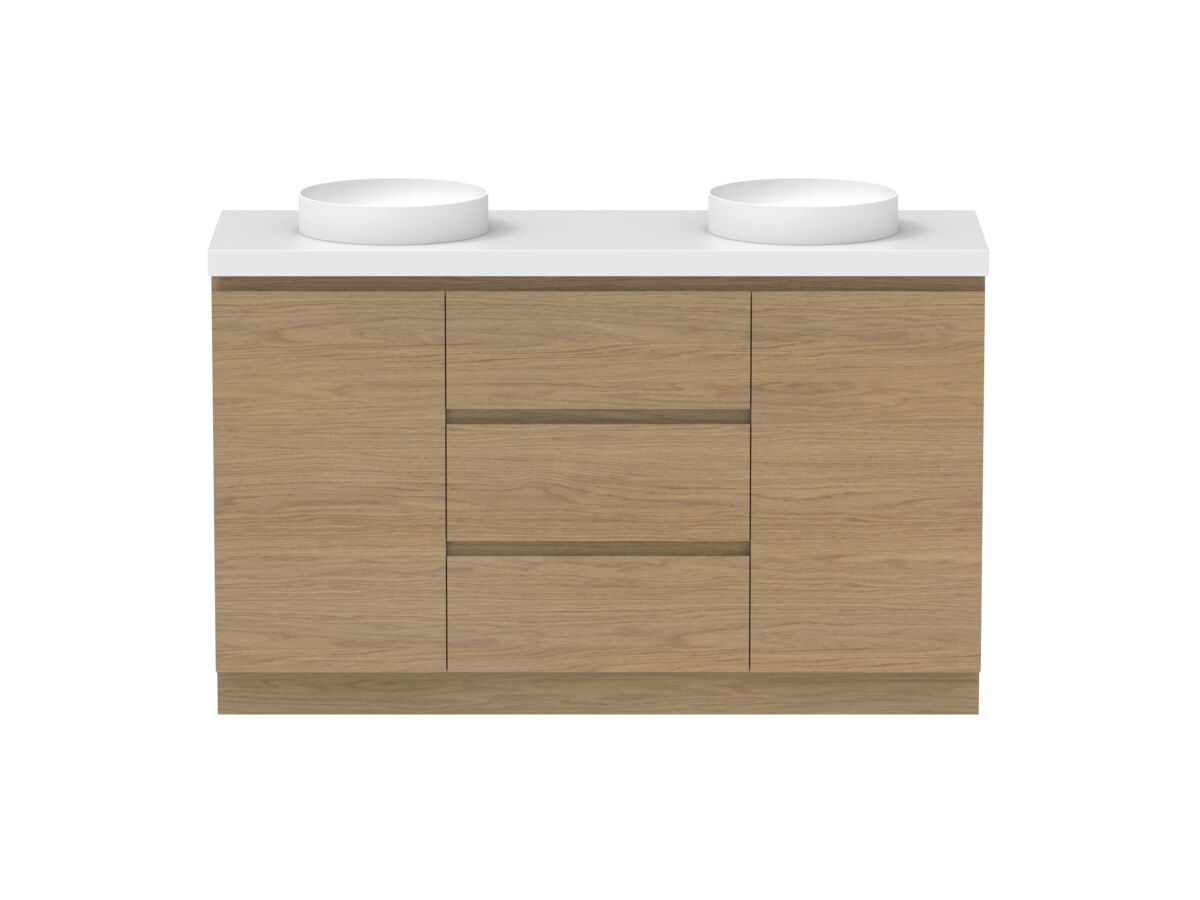 Reece Posh Domaine Plus Hamper 1500mm Floor Mounted Vanity Double Basin 50mm Cherry Pie Top