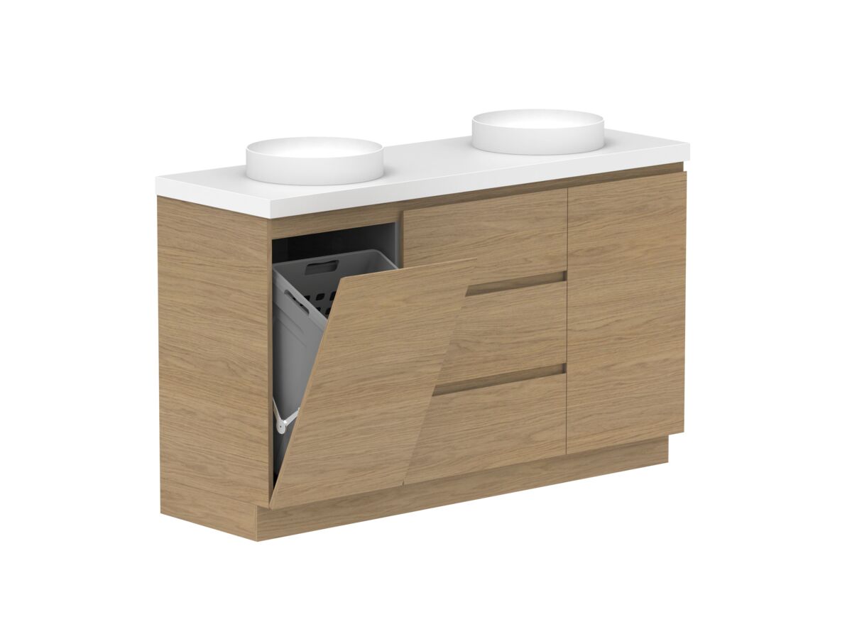 reece Posh Domaine Plus Hamper 1500mm Floor Mounted Vanity Double Basin 50mm Cherry Pie Top