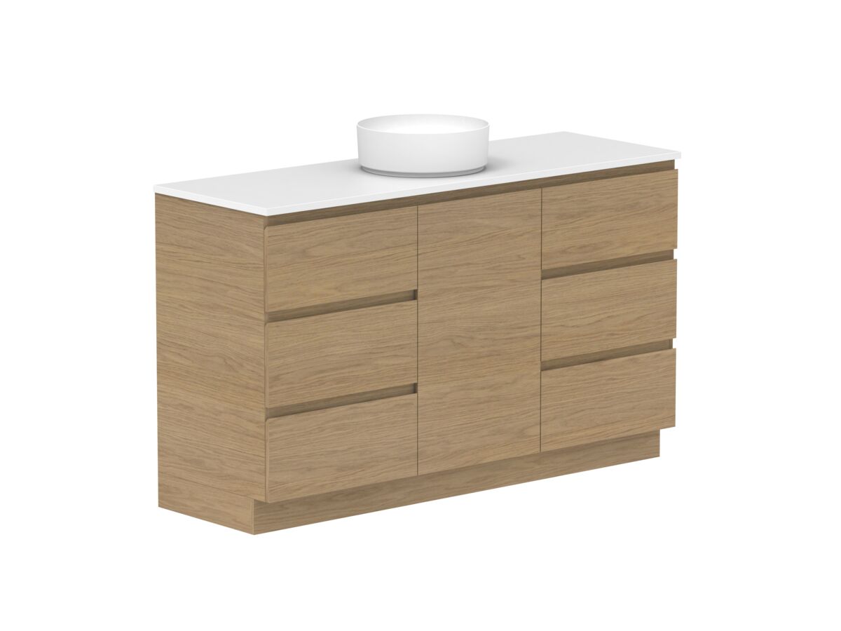Reece Posh Domaine Plus Hamper 1500mm Floor Mounted Vanity Centre Basin 20mm Caesarstone Mineral Top