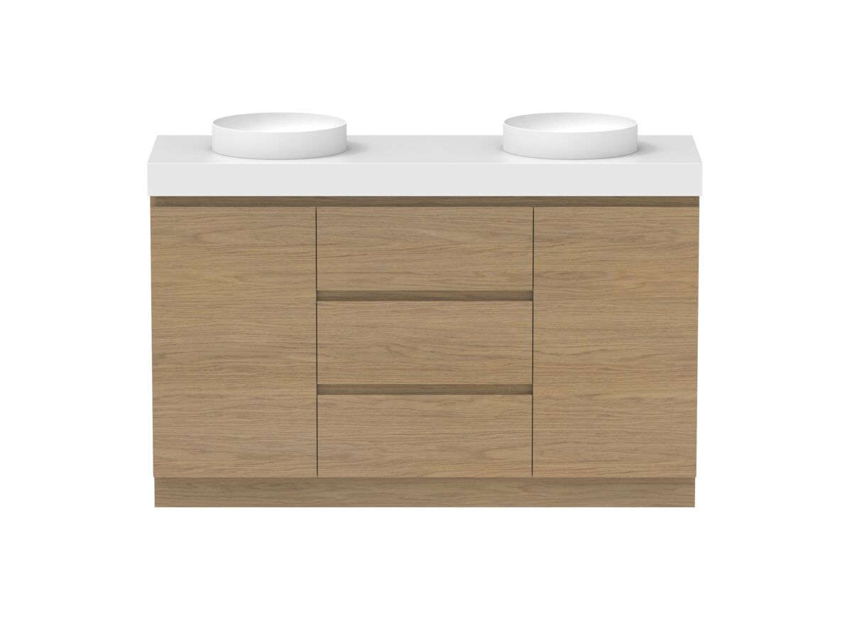 Reece Posh Domaine Plus Hamper 1500mm Floor Mounted Vanity Double Basin 90mm Caesarstone Mineral Top