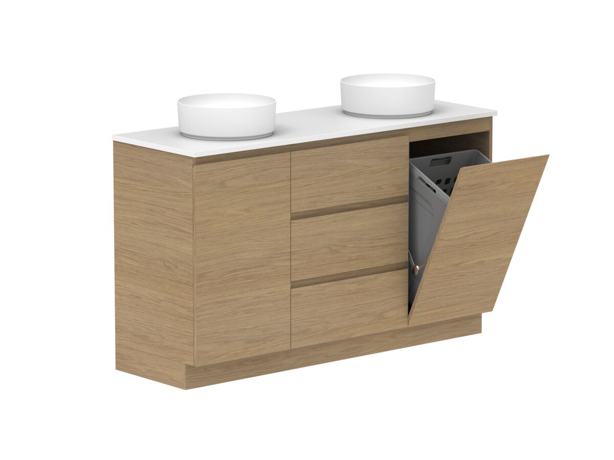 Reece Posh Domaine Plus Hamper 1500mm Floor Mounted Vanity Double Basin 20mm Caesarstone Mineral Top