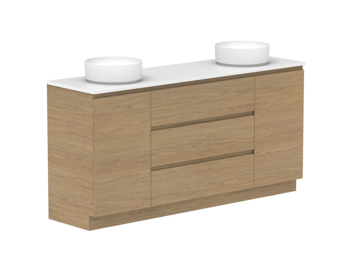 Reece Posh Domaine Plus Hamper 1800mm Floor Mounted Vanity Double Basin 20mm Caesarstone Mineral Top