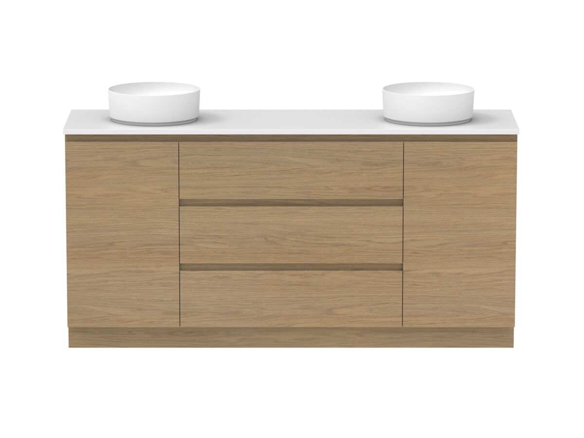 Reece Posh Domaine Plus Hamper 1800mm Floor Mounted Vanity Double Basin 20mm Caesarstone Mineral Top