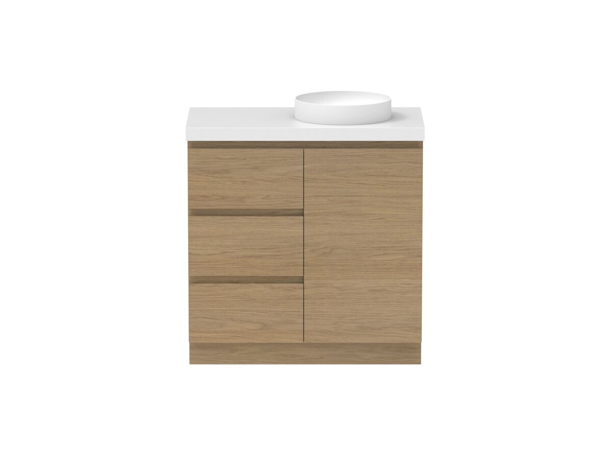 Reece Posh Domaine Plus Hamper 900mm Floor Mounted Vanity Right Hand Basin 50mm Durasein Top