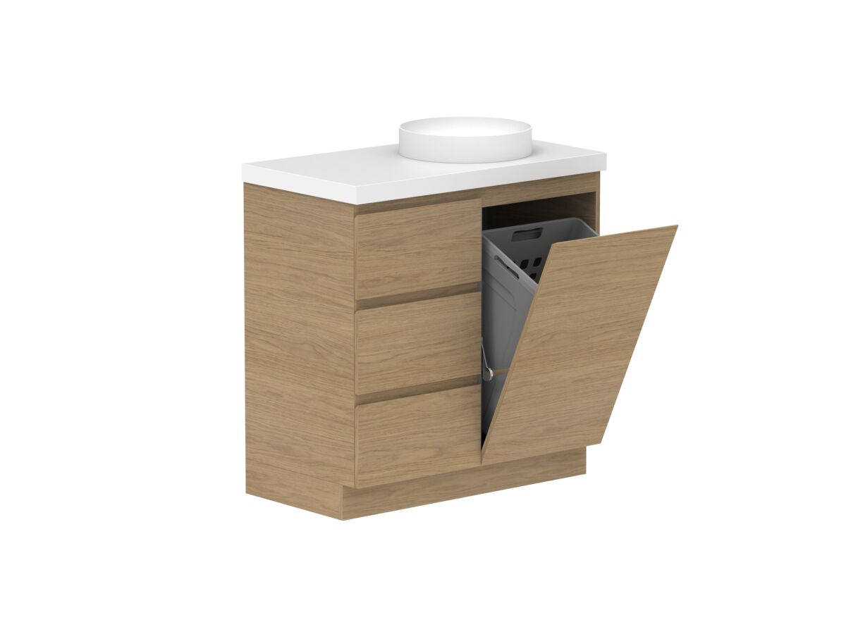 reece Posh Domaine Plus Hamper 900mm Floor Mounted Vanity Right Hand Basin 50mm Caesarstone Mineral Top