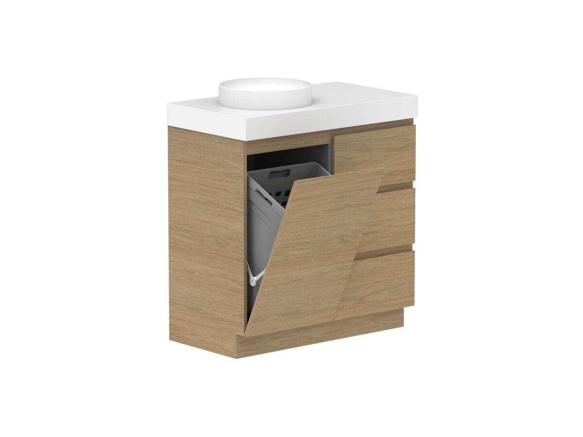 reece Posh Domaine Plus Hamper 900mm Floor Mounted Vanity Left Hand Basin 90mm Caesarstone Mineral Top