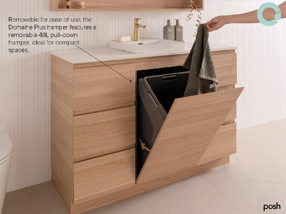 Reece Posh Domaine Plus Hamper 900mm Floor Mounted Vanity Right Hand Basin 20mm Cherry Pie Top